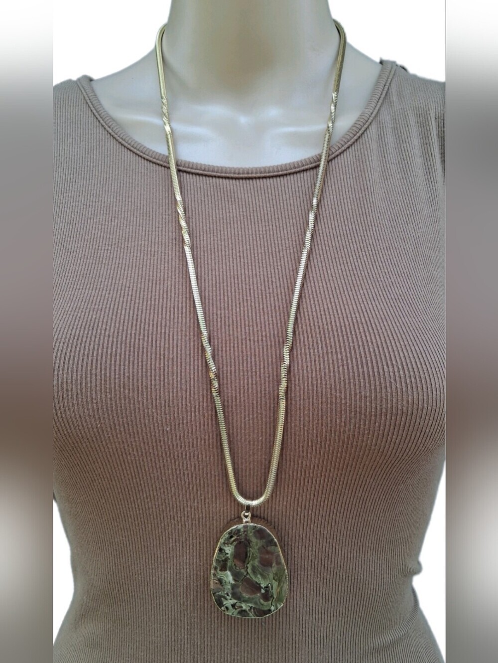 VTG 70s Brutalist Unakite Jasper Slab Pendant Gold Cobra Chain Necklace